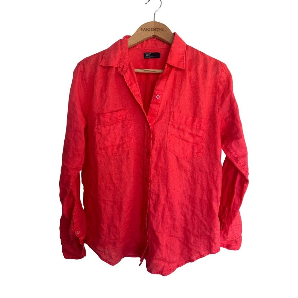 GAP Women's Medium Bright Coral Linen Button Down Long Sleeve Coastal Casual
